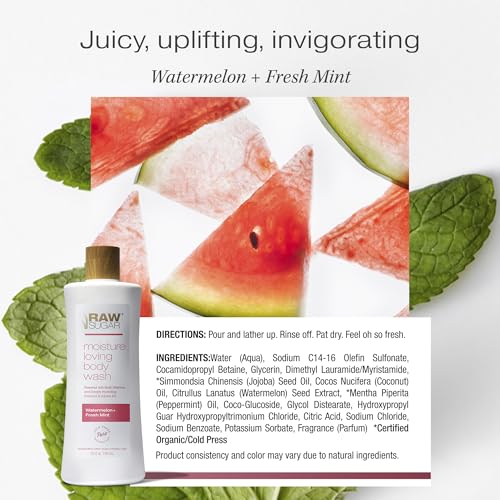 RAW SUGAR Moisture Loving Body Wash - Watermelon + Fresh Mint, Moisturizing & Refreshing Bath & Shower Gel, Sulfate-Free, Paraben-Free & Vegan (Pack of 3)